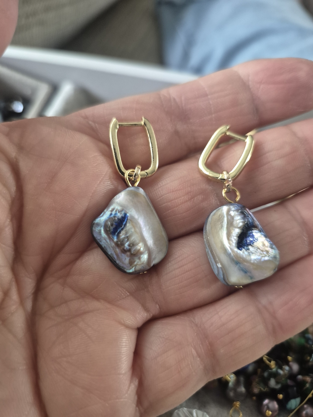 18k Gold Plated Hoop Earrings with Blue Mother Of Pearl Chunkie Drop . New Item - Picture 5 of 5